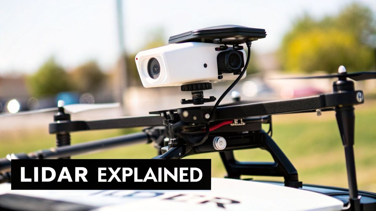 A white LiDAR sensor and camera system mounted on a black drone, with