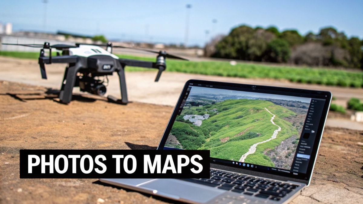 An aerial survey drone next to a laptop displaying a detailed map of a green, hilly landscape.