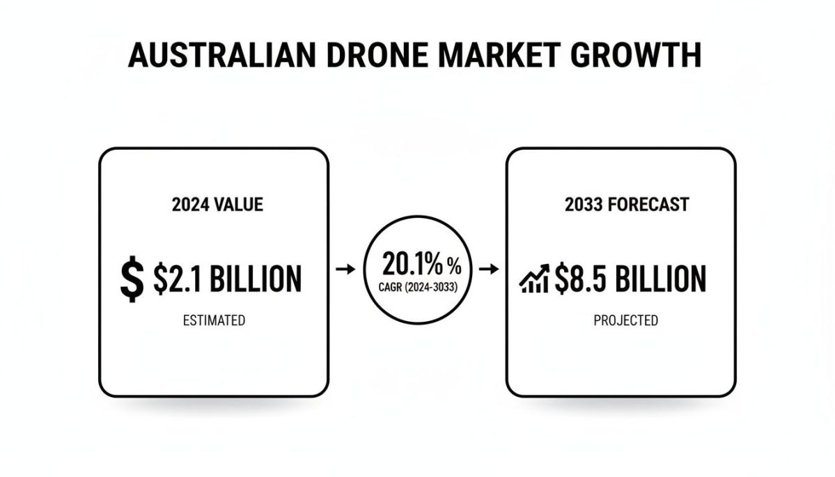 Infographic showing Australian drone market growth from $2.1 billion in 2024 to $8.5 billion by 2033.