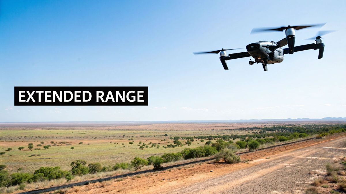 A drone tilt rotor flying over an open field, demonstrating its long-range capability.