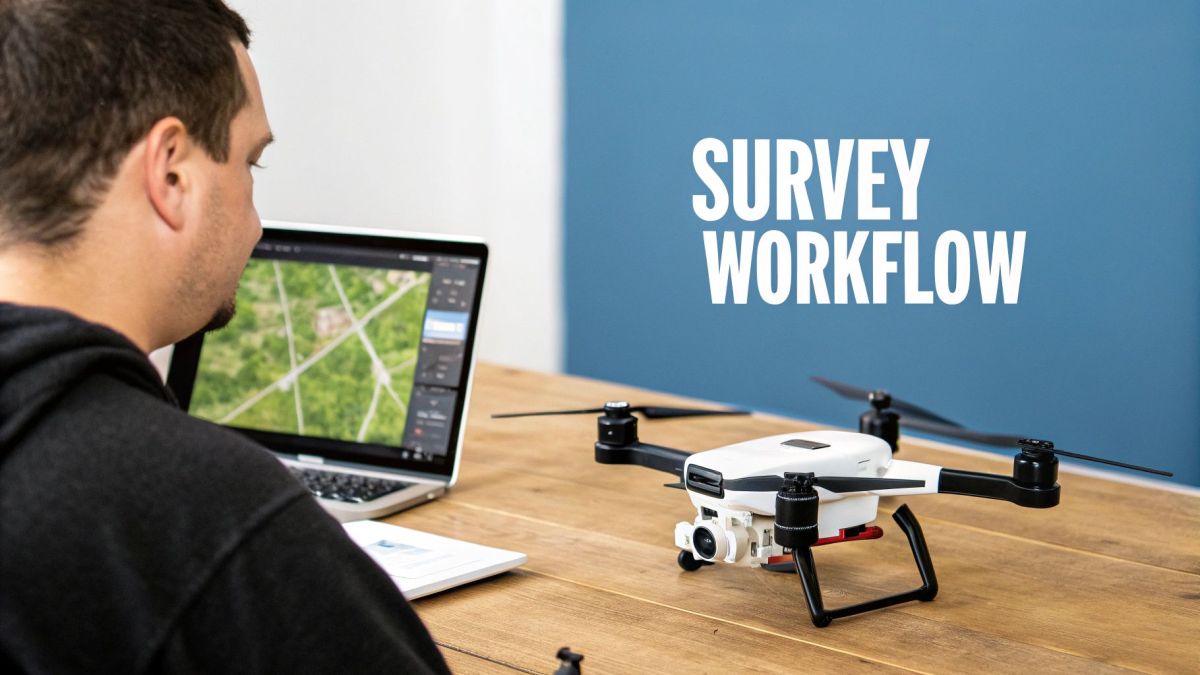 A drone flying over a construction site, capturing data for a 3D model