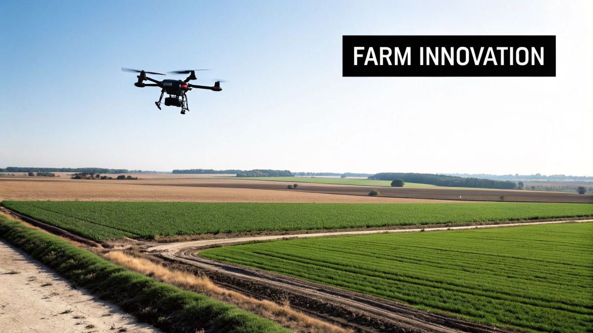 A drone flying over a large green field on an Australian farm