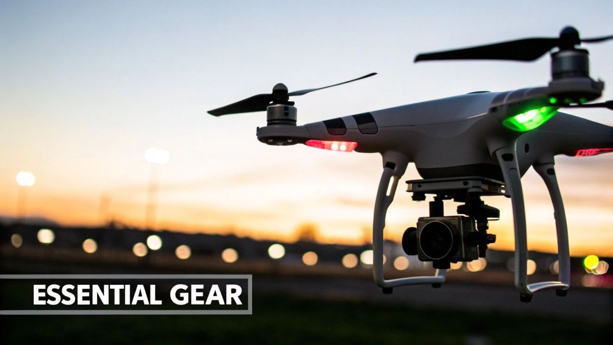 A drone equipped with bright lights flying in the dark sky over a city at night.