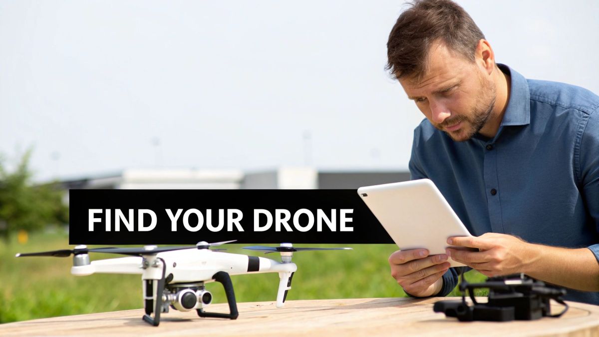 Man operating a tablet next to a white drone, with a banner displaying 'FIND YOUR DRONE'.