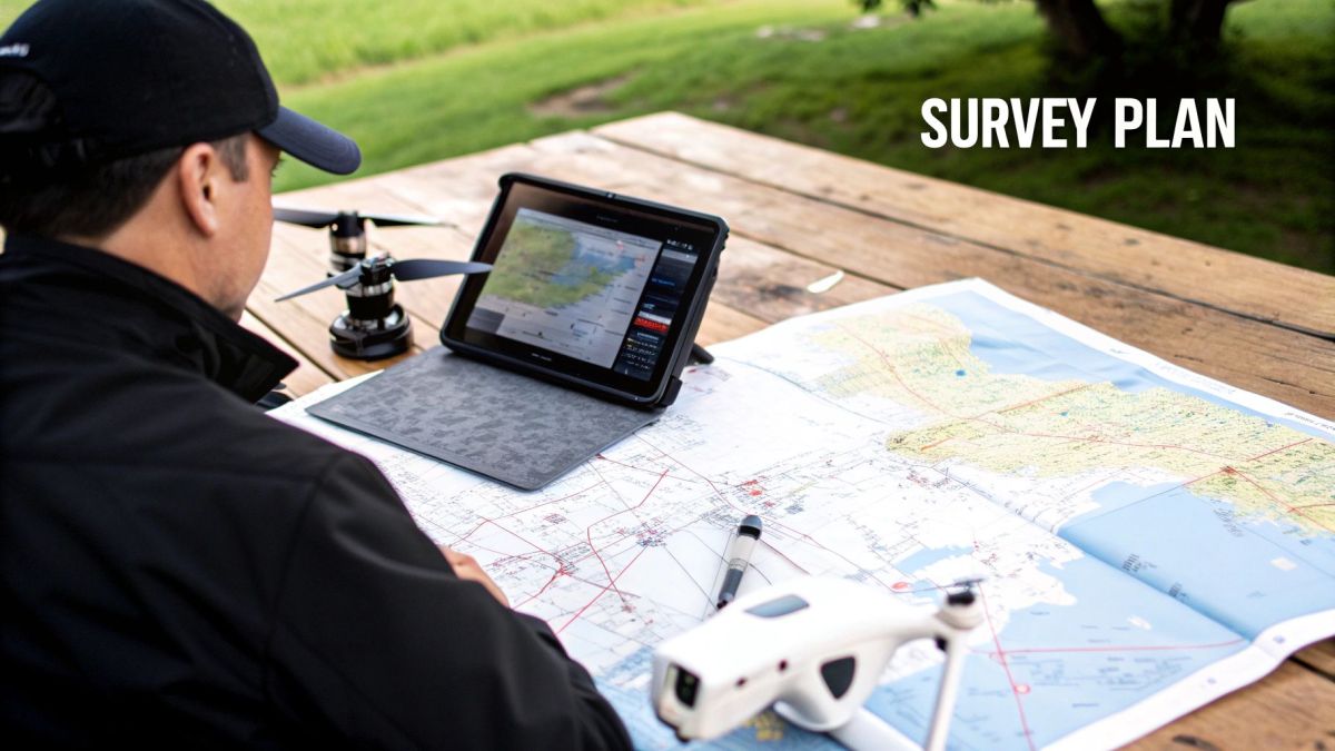 A drone operator planning a flight path on a tablet in the field.