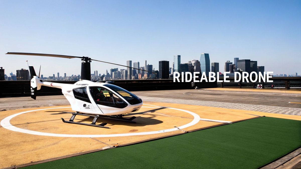 A futuristic rideable drone flying over a modern city, illustrating the concept of urban air mobility.