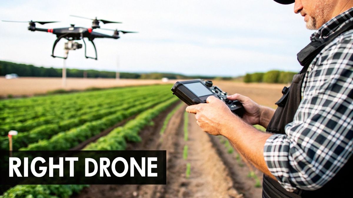 A drone being operated by a farmer in a sunlit field in Australia