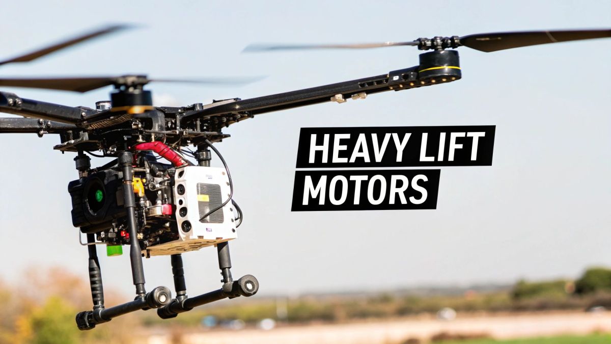 A close-up of a powerful, large drone motor mounted on a carbon fibre arm