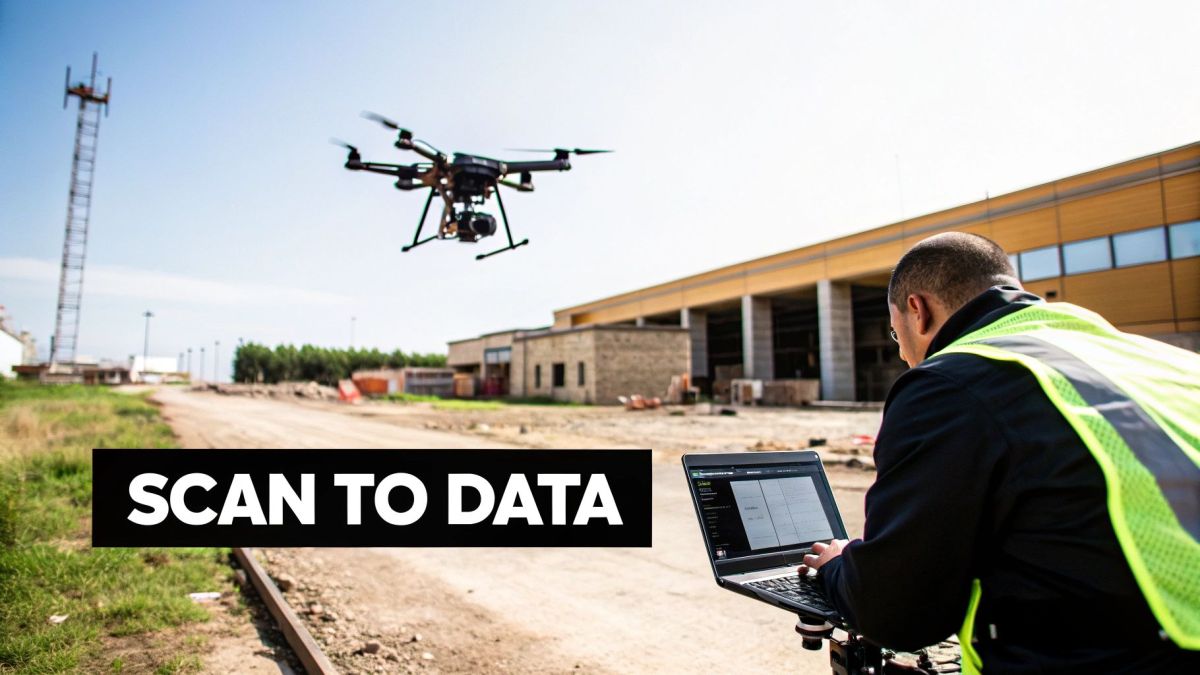 A LiDAR drone in operation, capturing data over a vegetated landscape.