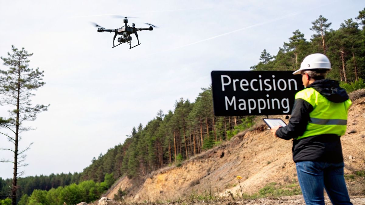 A surveyor operates a drone for precision mapping in a natural, hilly landscape.