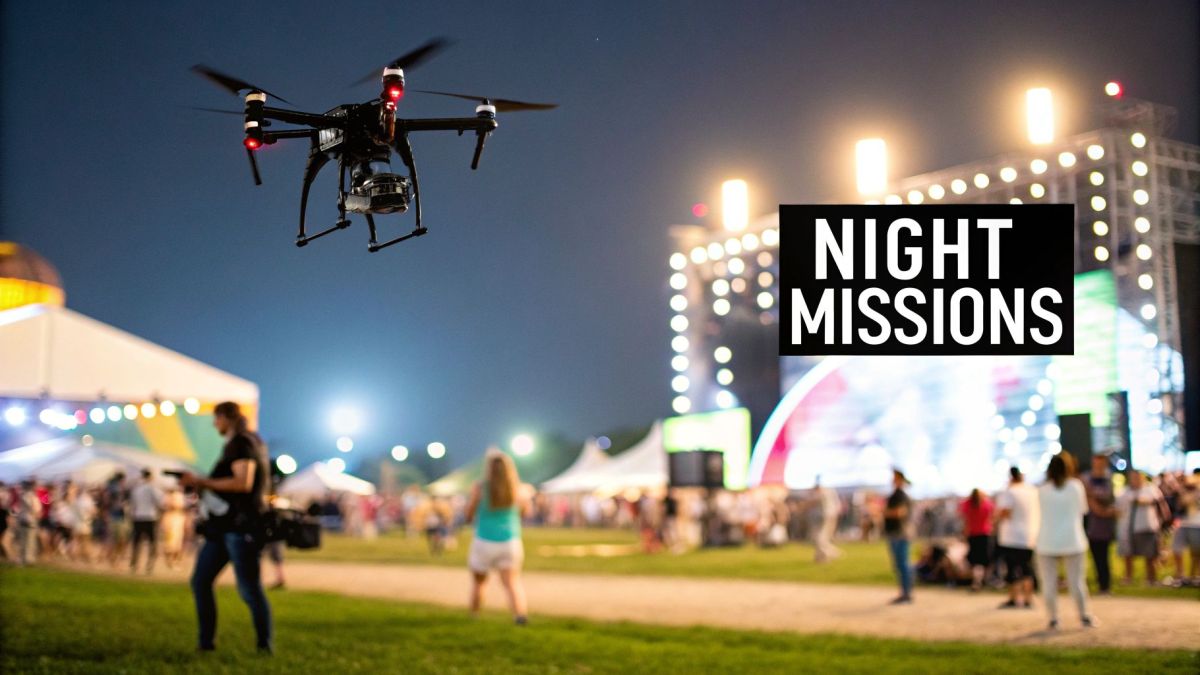 A drone with bright lights captures a stunning aerial view of a city skyline at night.